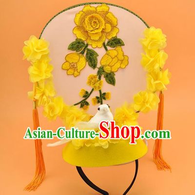 Chinese Court Embroidered Yellow Flowers Top Hat New Year Catwalks Deluxe Headwear Stage Show Pigeon Hair Crown