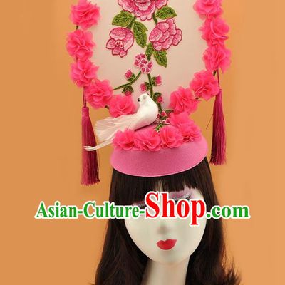 Chinese Stage Show Pink Hair Crown Court Embroidered Flowers Top Hat New Year Catwalks Deluxe Headpiece