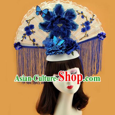 Chinese Stage Show Blue Tassel Hair Crown Traditional Court Embroidered Peony Top Hat Catwalks Deluxe Headpiece