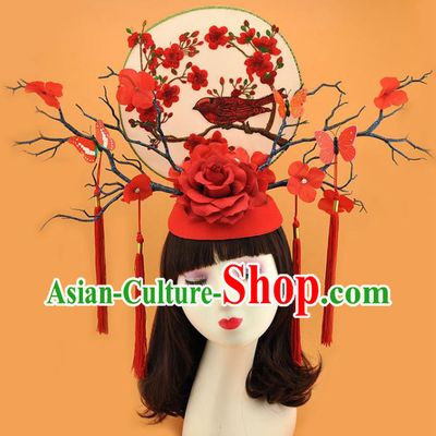 Chinese Traditional Court Branch Top Hat Qipao Catwalks Deluxe Red Rose Headpiece Stage Show Hair Crown