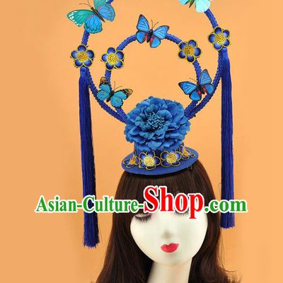 Chinese Traditional Court Blue Butterfly Top Hat Catwalks Deluxe Headpiece Stage Show Tassel Hair Crown