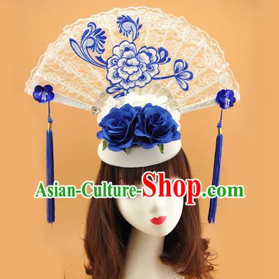 Chinese Stage Show Embroidered Peony Hair Crown Traditional Court White Lace Fan Top Hat Handmade Qipao Catwalks Deluxe Headpiece