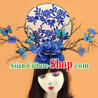 Chinese Handmade Qipao Catwalks Deluxe Headpiece Stage Show Embroidered Hair Crown Traditional Court Branch Fan Top Hat