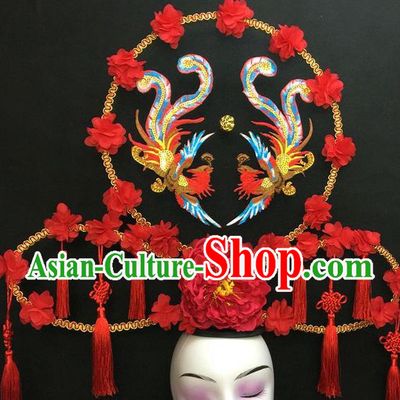 Chinese Qipao Stage Show Embroidered Phoenix Hair Crown Traditional Court Red Peony Fan Top Hat Handmade Catwalks Deluxe Headpiece