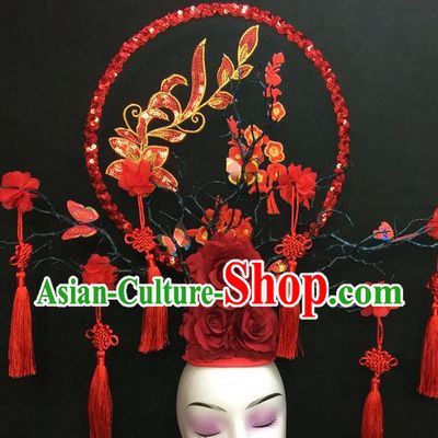 Chinese Handmade Catwalks Deluxe Headpiece Qipao Stage Show Embroidered Hair Crown Traditional Court Red Peony Sequins Top Hat