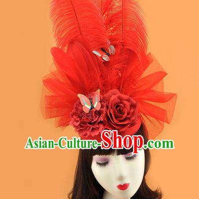 Top Miami Red Feathers Headdress Cosplay Party Hair Accessories Rio Carnival Royal Crown Halloween Fancy Ball Hat