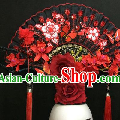 Chinese Traditional Court Black Fan Top Hat Handmade Catwalks Deluxe Headpiece Qipao Stage Show Tassel Hair Crown