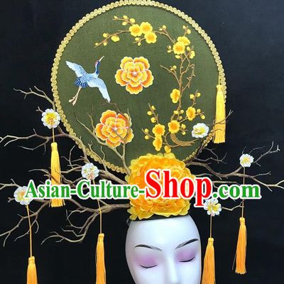 Chinese Handmade Catwalks Deluxe Headpiece Qipao Stage Show Embroidered Crane Hair Crown Traditional Court Yellow Peony Top Hat