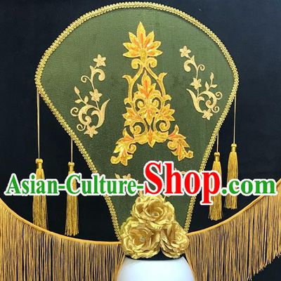 Chinese Handmade Catwalks Deluxe Tassel Headwear Qipao Stage Show Golden Peony Hair Crown Traditional Court Top Hat