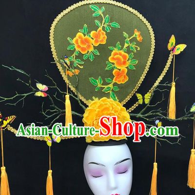 Chinese Traditional Court Giant Top Hat Handmade Catwalks Deluxe Headwear Qipao Stage Show Yellow Peony Hair Crown