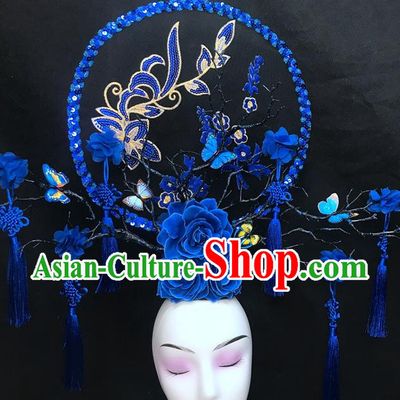 Chinese Qipao Stage Show Blue Hair Crown Traditional Court Giant Fan Top Hat Handmade Catwalks Deluxe Rose Branch Headwear