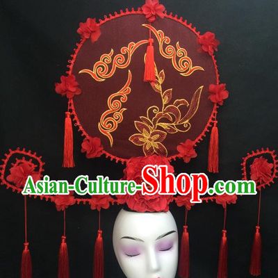 Chinese Traditional Court Giant Red Peony Top Hat Handmade Catwalks Deluxe Headwear Qipao Stage Show Tassel Hair Crown