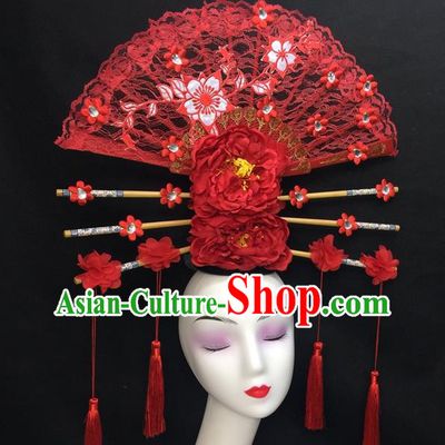 Chinese Traditional Court Giant Red Peony Top Hat Handmade Catwalks Deluxe Lace Fan Headwear Qipao Stage Show Tassel Hair Crown