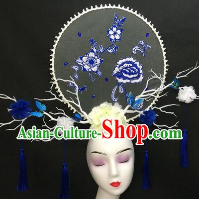 Chinese Qipao Stage Show Tassel Hair Crown Traditional Court Giant Top Hat Handmade Catwalks Deluxe Embroidered Peony Headwear