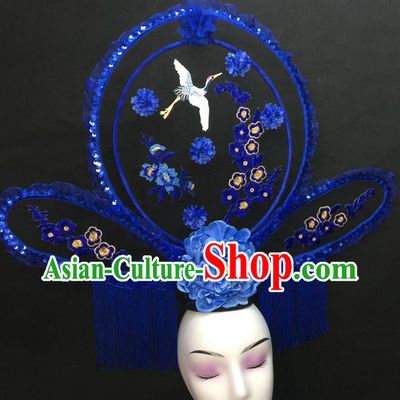 Chinese Traditional Court Giant Blue Tassel Top Hat Handmade Catwalks Deluxe Fashion Headwear Qipao Stage Show Embroidered Crane Hair Crown