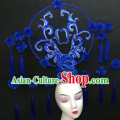 Chinese Traditional Court Giant Blue Peony Top Hat Handmade Catwalks Deluxe Tassel Fashion Headwear Qipao Stage Show Hair Crown