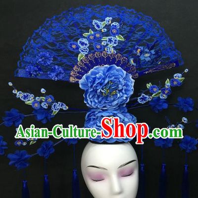 Chinese Cheongsam Stage Show Blue Peony Hair Crown Traditional Court Giant Top Hat Handmade Catwalks Deluxe Lace Fan Fashion Headwear