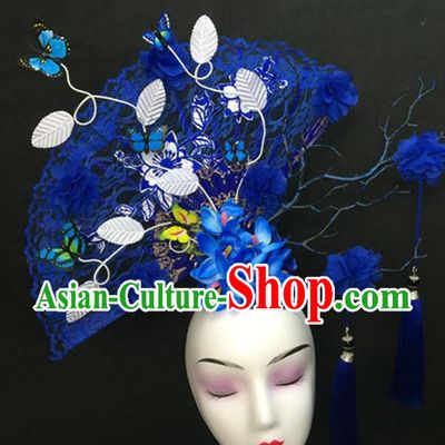 Chinese Handmade Catwalks Deluxe Blue Lace Fan Fashion Headwear Cheongsam Stage Show Hair Crown Traditional Court Giant Top Hat