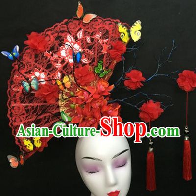 Chinese Traditional Court Tassel Giant Top Hat Handmade Catwalks Deluxe Red Lace Fan Fashion Headwear Cheongsam Stage Show Hair Crown