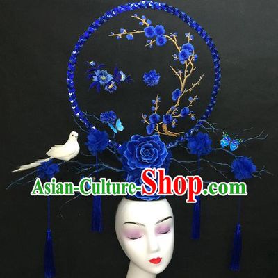 Chinese Handmade Catwalks Deluxe Fashion Headwear Qipao Stage Show Embroidered Plum Hair Crown Traditional Court Giant Top Hat
