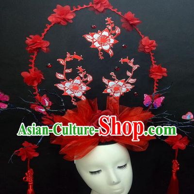 Chinese Cheongsam Stage Show Red Veil Hair Crown Traditional Court Tassel Giant Top Hat Handmade Catwalks Deluxe Butterfly Fashion Headwear
