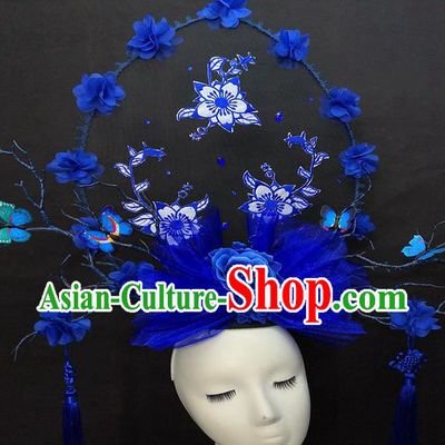 Chinese Handmade Catwalks Deluxe Butterfly Fashion Headwear Cheongsam Stage Show Royalblue Veil Hair Crown Traditional Court Tassel Giant Top Hat