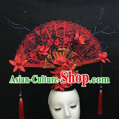 Chinese Handmade Catwalks Red Lace Fashion Headwear Cheongsam Stage Show Giant Hair Crown Traditional Court Deluxe Top Hat