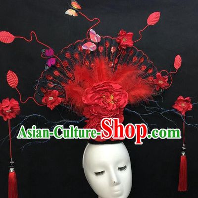 Chinese Traditional Court Deluxe Fan Top Hat Handmade Catwalks Red Peony Fashion Headwear Cheongsam Stage Show Giant Feather Hair Crown