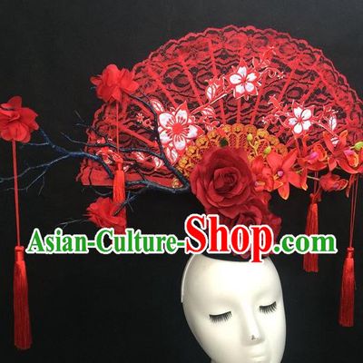 Chinese Traditional Stage Court Deluxe Top Hat Handmade Cheongsam Catwalks Red Lace Fan Headwear Fashion Show Giant Hair Crown