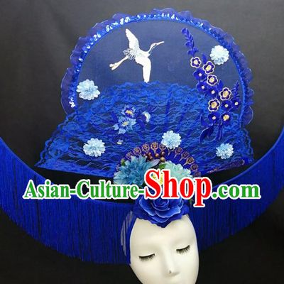 Chinese Handmade Fashion Show Giant Hair Crown Traditional Stage Court Deluxe Tassel Top Hat Cheongsam Catwalks Blue Lace Fan Headwear