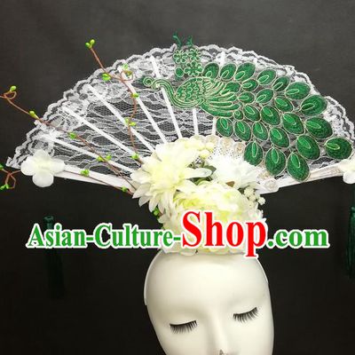 Chinese Cheongsam Catwalks Lace Fan Headwear Handmade Fashion Show Giant Hair Crown Traditional Stage Court Deluxe Green Peacock Top Hat