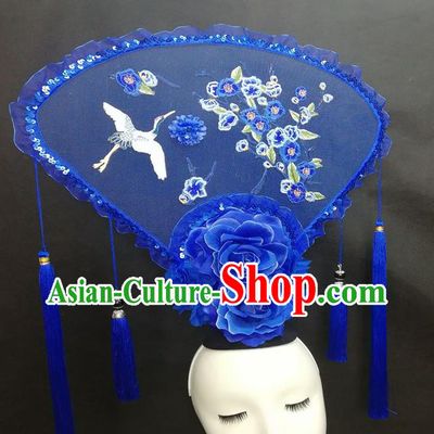 Chinese Cheongsam Catwalks Deluxe Blue Fan Headwear Handmade Fashion Show Giant Hair Crown Traditional Stage Court Embroidered Crane Plum Top Hat