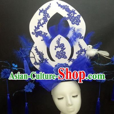 Chinese Cheongsam Catwalks Deluxe Blue Veil Peony Headwear Handmade Fashion Show Giant Feather Hair Crown Traditional Stage Court Top Hat