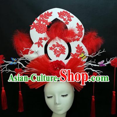 Chinese Traditional Stage Court Top Hat Cheongsam Catwalks Deluxe Red Veil Peony Headwear Handmade Fashion Show Giant Feather Hair Crown