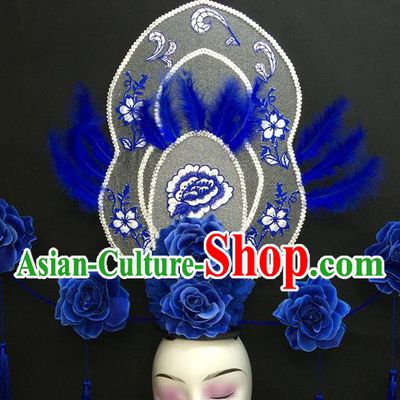 Chinese Handmade Fashion Show Giant Blue Feather Hair Crown Traditional Stage Court Peony Flowers Top Hat Cheongsam Catwalks Deluxe Headwear
