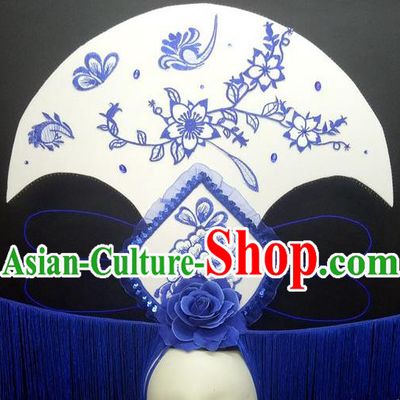 Chinese Cheongsam Catwalks Deluxe Tassel Headwear Handmade Fashion Show Giant Hair Crown Traditional Stage Court Blue Peony Top Hat