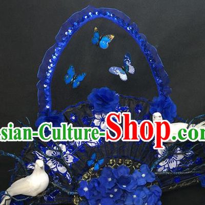 Chinese Traditional Stage Court Blue Butterfly Top Hat Cheongsam Catwalks Deluxe Headwear Handmade Fashion Show Giant Lace Fan Hair Crown