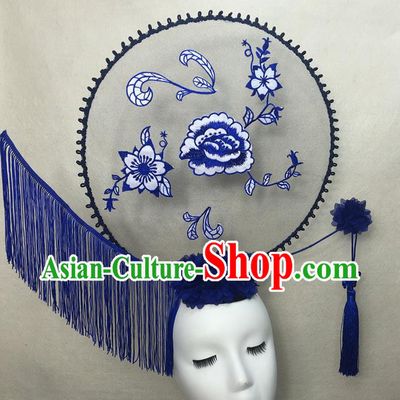 Chinese Cheongsam Catwalks Deluxe Tassel Headwear Handmade Fashion Show Giant Hair Crown Traditional Stage Court Embroidered Peony Top Hat