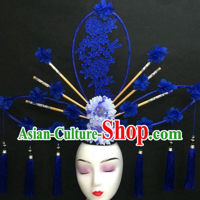 Chinese Traditional Court Giant Fan Top Hat Handmade Catwalks Deluxe Fashion Headwear Qipao Stage Show Blue Tassel Hair Crown
