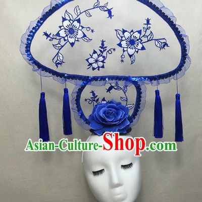 Chinese Cheongsam Catwalks Deluxe Mushroom Headwear Handmade Fashion Show Giant Hair Crown Traditional Stage Court Tassel Top Hat