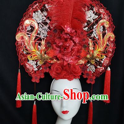 China Traditional Court Red Feather Hair Clasp Catwalks Giant Fashion Headwear Handmade Cheongsam Show Lace Fan Phoenix Hair Crown