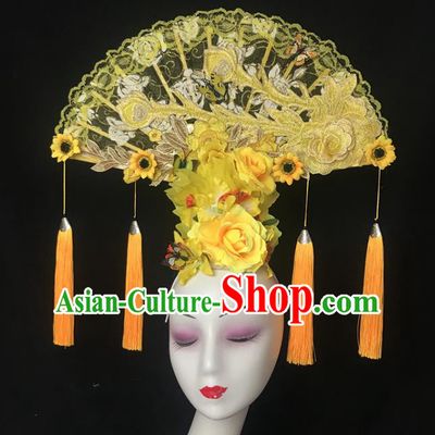 China Cheongsam Show Lace Phoenix Fan Hair Crown Traditional Court Yellow Flowers Hair Clasp Handmade Catwalks Giant Fashion Headwear