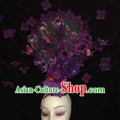 China Cheongsam Show Embroidered Phoenix Fan Hair Crown Traditional Court Purple Peony Hair Clasp Handmade Catwalks Giant Fashion Headdress