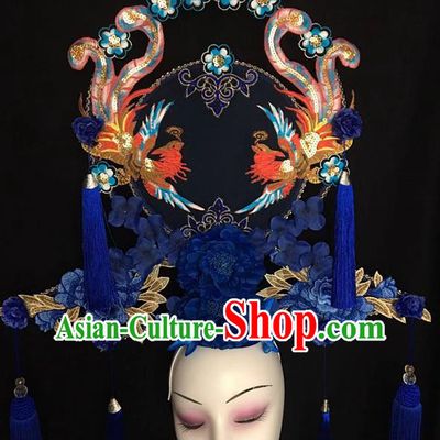 China Handmade Catwalks Giant Fashion Headdress Cheongsam Show Embroidered Phoenix Hair Crown Traditional Court Blue Peony Hair Clasp