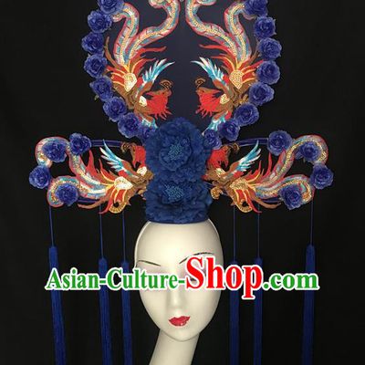 Chinese Catwalks Giant Fashion Headpiece Handmade Cheongsam Show Navy Peony Tassel Hair Crown Traditional Court Fan Hair Clasp