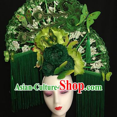 China Traditional Court Green Tassel Hair Clasp Handmade Catwalks Bride Giant Fashion Headdress Cheongsam Show Lace Phoenix Fan Hair Crown
