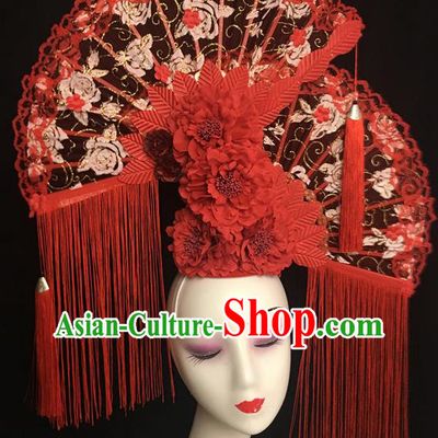 China Handmade Catwalks Bride Giant Fashion Headdress Cheongsam Show Red Peony Hair Crown Traditional Court Lace Fan Tassel Hair Clasp