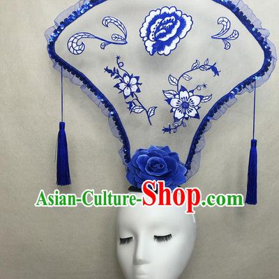 Chinese Traditional Stage Court Tassel Top Hat Cheongsam Catwalks Deluxe Headwear Handmade Fashion Show Giant Fan Hair Crown