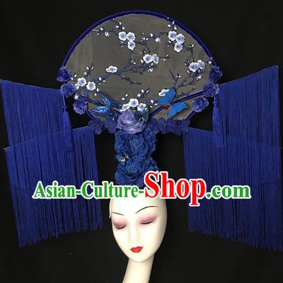 China Court Fan Hair Clasp Catwalks Fashion Tassel Headdress Handmade Bride Giant Headwear Cheongsam Show Embroidered Plum Hair Crown