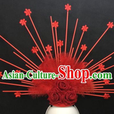 Top Halloween Fancy Ball Hair Clasp Gothic Red Rose Headdress Cosplay Party Feather Hair Accessories Catwalks Goddess Royal Crown